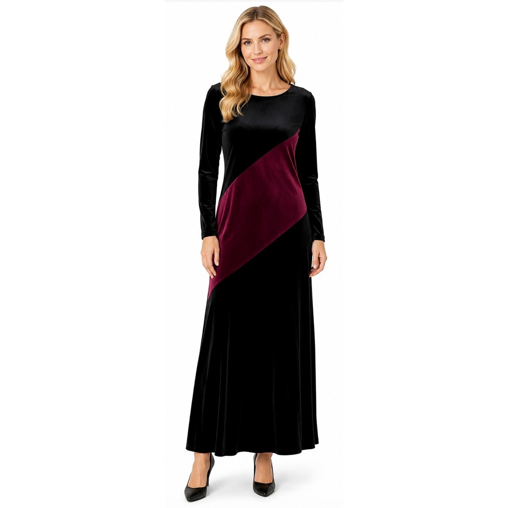 Maggy London Maxi Dress Women 4 Black Cabernet Velvet Colorblock Long Sleeve NWT